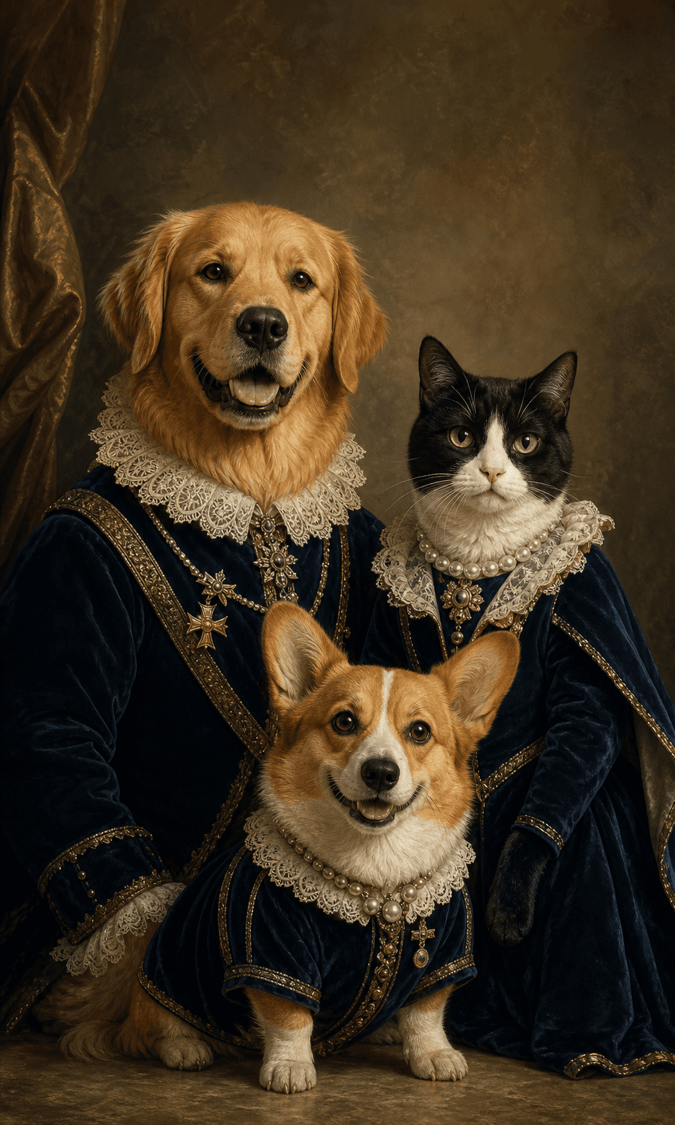 Fictional PawSonnet sample concept of three pets in a royal family portrait