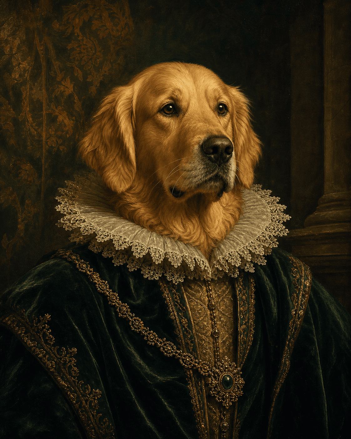 Fictional PawSonnet sample concept of a royal golden retriever portrait