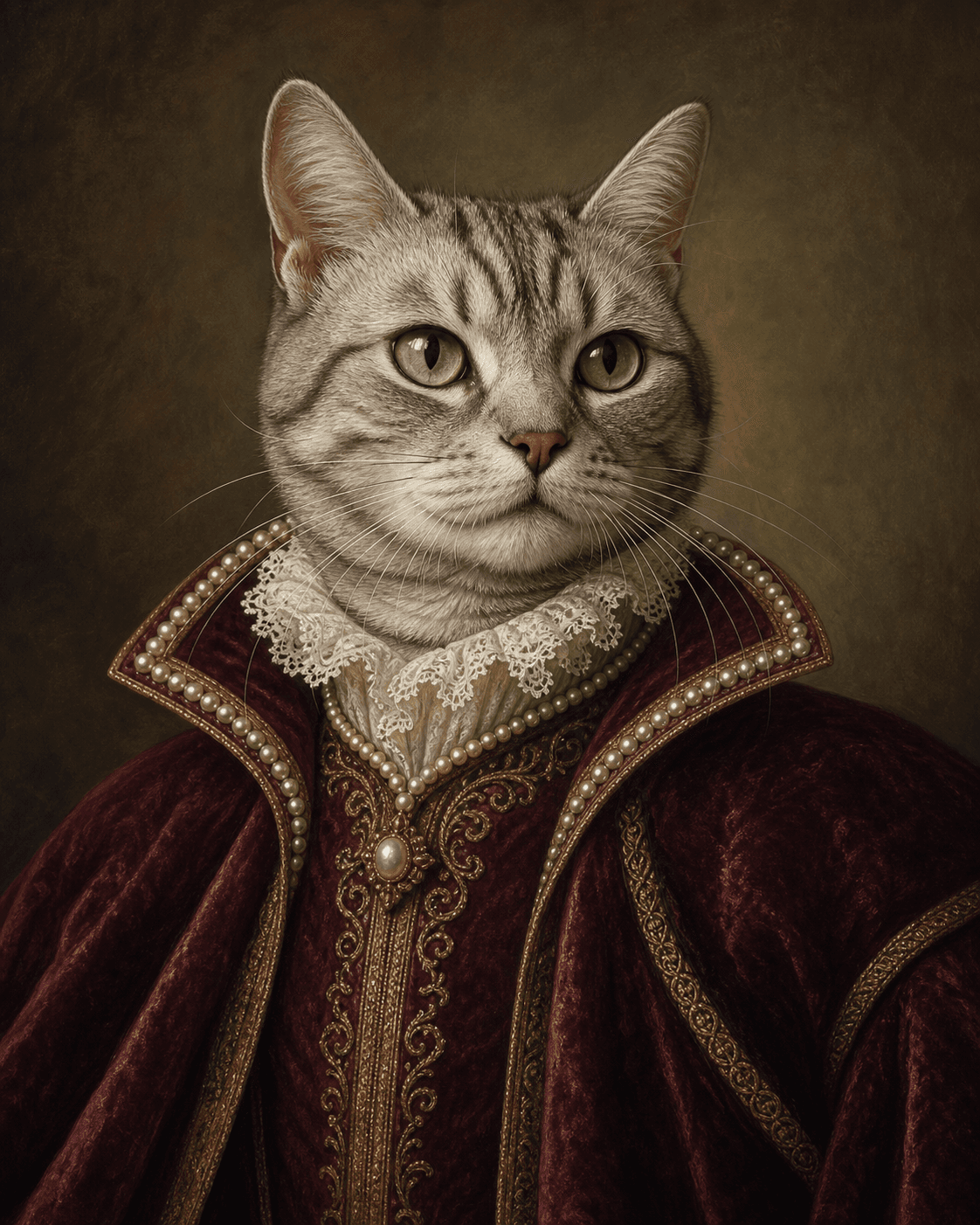 Fictional PawSonnet sample concept of a silver tabby cat in Renaissance noble attire